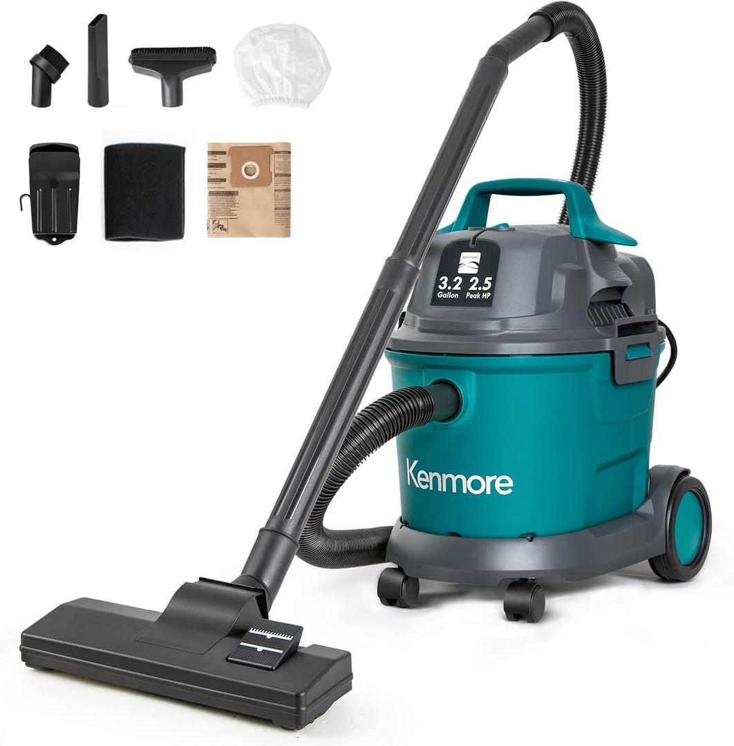 Kenmore KW3030 Wet Dry Canister 3.2 Gallon 2.5 Peak HP Vacuum Cleaner with Extension Wands Tool Storage & Wall Bracket for Garage, Car, Home, 3.2 Gallons, Green
