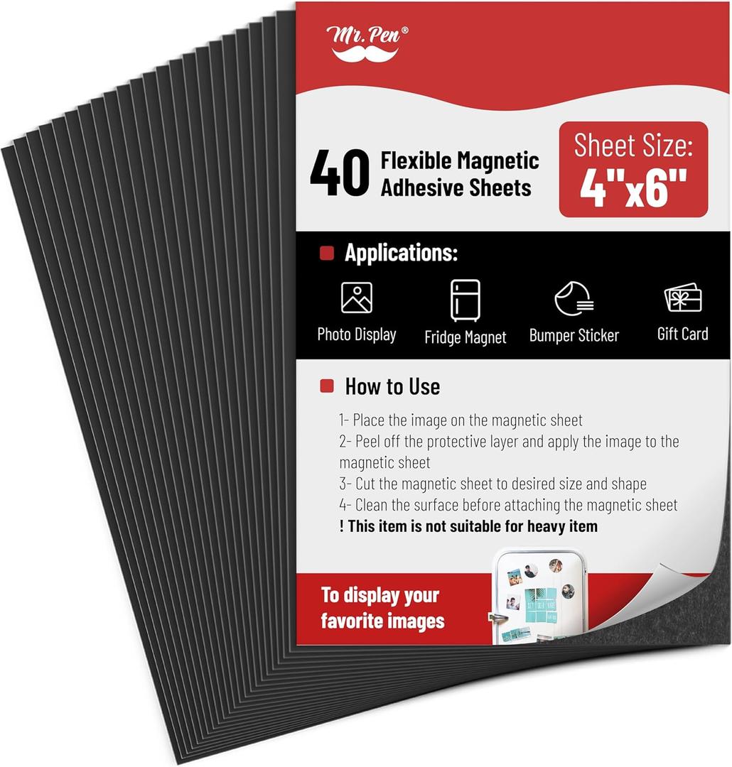 Mr. Pen- Adhesive Magnetic Sheets, 4" x 6", 40 Pack, Magnetic Sheets with Adhesive Backing, Magnetic Sheets, Flexible Magnetic Sheet, Picture Magnets, Cuttable Magnetic Sheets