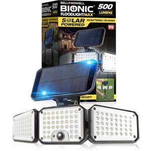 Bell+Howell Bionic Flood Light AS SEEN ON TV, 500 Lumen Deluxe Version Bionic Floodlight, LED Solar Flood Lights Outdoor Motion Sensor Waterproof Solar Security Lights with 360 3 Panel Design