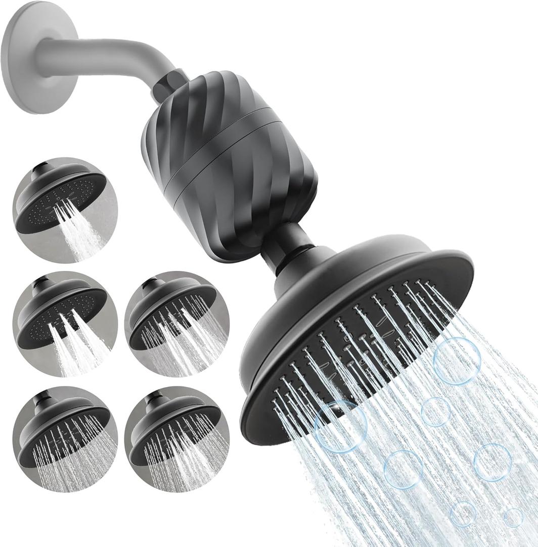 Filtered Shower Head with 24 Stage Filters Clean Hard Water to Remove Chlorine and Softener Improve Hair and Skin 5 Setting Spray Rainfall in High Pressure &High Output(5.5 Inch BLACK)
