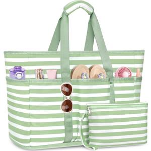 Large Beach Bag with Zipper, 12 Pockets Waterproof Sandproof Pool Bag Womens Mesh Beach Tote Bag for Travel Vacation