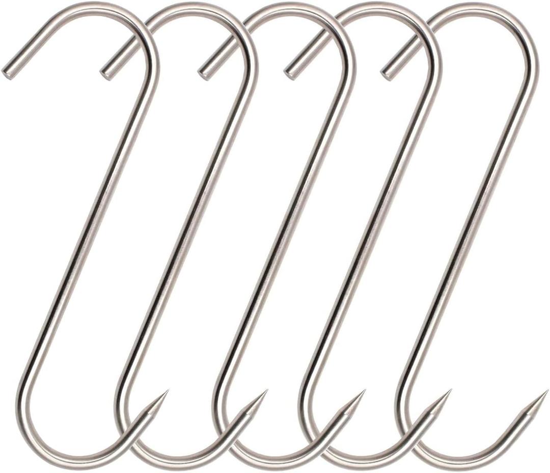 Meat Hooks(8 Inch 5mm), 304 Stainless Steel Heavy Duty Butcher Hook, Meat Hanger Hooks for Smoking,Grilling,Beef, Rib, Barbecue,BBQ (5-Pack MAX Load 150 Pound)