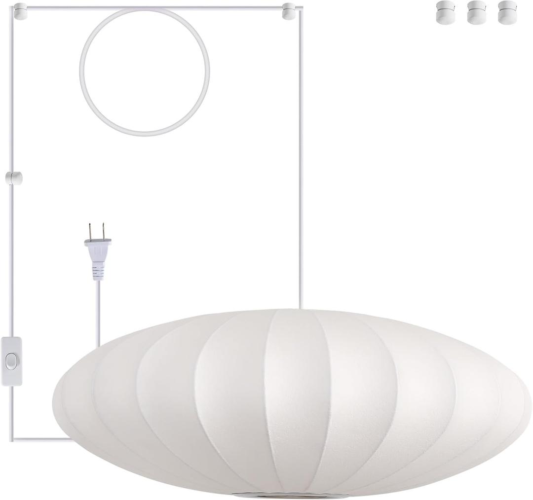 23.6in Plug in Lantern Pendant Light, Large White Imitation Silk Pendant Light Wabi Sabi Saucer Japanese Bubble Hanging Lamp Chandelier for Living Dinning Room Kitchen Island Bedroom 1 Pack