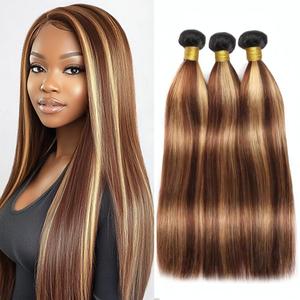 BilltiiWW P427 Straight Bundles Human Hair Highlight Straight Bundles Brown and Blonde Double Weft Brazilian Human Hair Extensions Soft and Silky for Black Women 22 24 26 Inch