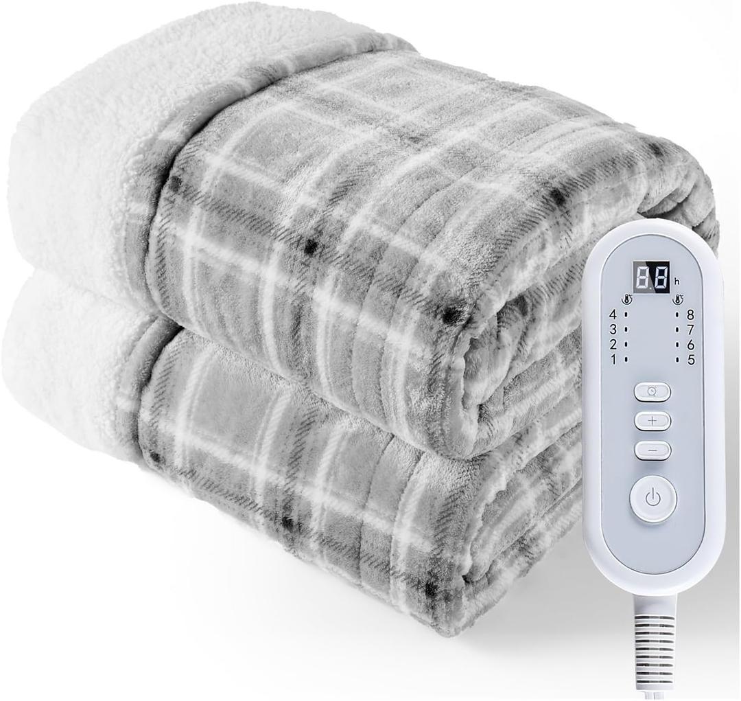 Extra Large 50"x60" Electric Heated Throw Blanket - 8 Heating Levels & 8 Timer Settings, Soft Flannel Plaid Bedspread with Digital Display,