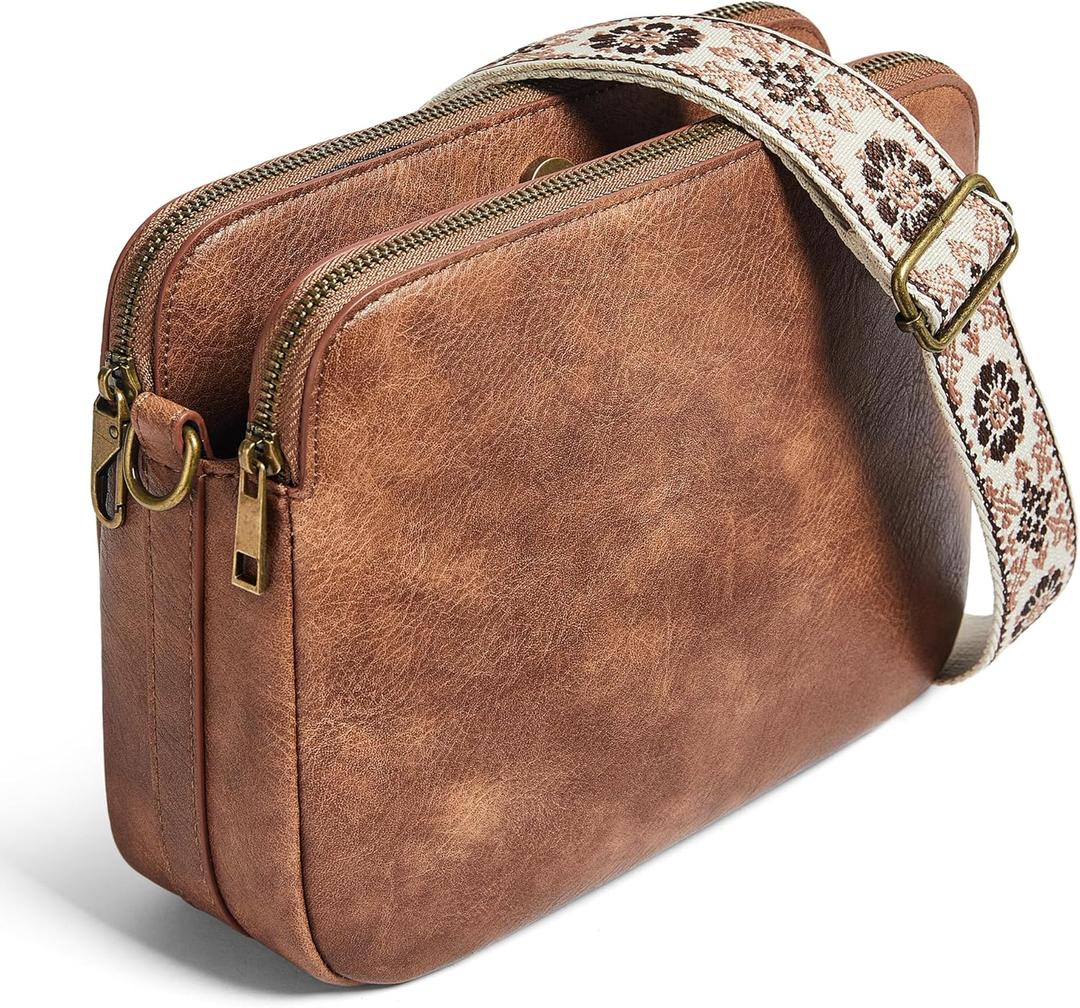 Yarnic Women Crossbody Bag Trendy Faux Leather Cross Body Purse Guiter Strap Shoulder Handbag Sling Anti-theft Zipper (Brown)