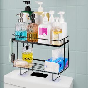 Bath Over The Toilet Storage Shelf, 2-Tier Over Toilet Storage, Floating Shelves with 2 Hooks, Wall Mounted Shelf Furniture, Bathrooms Home Storages Rack for Small Bathroom, Black