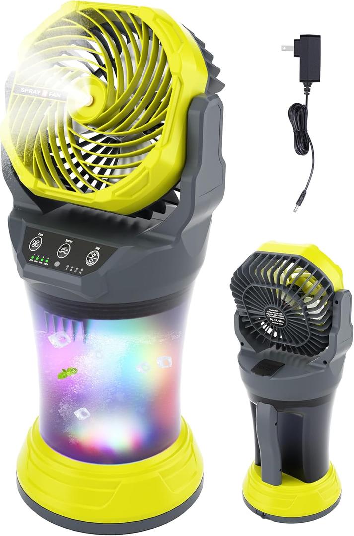 30000mAh Misting Fan Portable Battery Powered Fan with 2L Water Tank,Portable Mist Cooling Fans for Outdoor Camping Tent-120Auto Oscillating,4 Wind Speeds & Spray Modes,RGB Light Gray-Green
