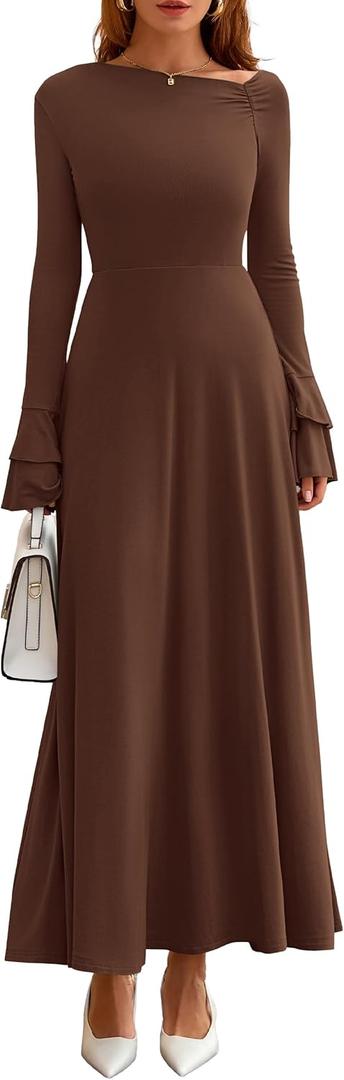 PRETTYGARDEN Womens Dresses Formal Off The Shoulder Long Sleeve Ruched Knit A-Line Maxi Wedding Guest Dress Fall Clothes (Brown) Small