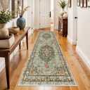Washable Oriental Hallway Runner Rug - 3x8 Rugs for Living Room Soft Carpet for Bedroom Kitchen Waterproof Floral Distressed Indoor Stain Resistant Non-Shedding Floor Carpets (Green, 3X8)