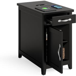LINSY HOME Farmhouse End Table with Charging Station, Narrow Side Table for Living Room, Sofa Side Table with Drawer and Storage Cabinet, Small Nightstand for Home Office