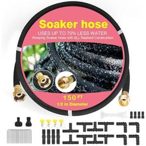 Soaker Hose 150 FT Pro for Garden Beds 1/2 Inch Rubber Longer Lasting Drip Irrigation Save 70% of Water Various Accessories Great for Lawn and Yard