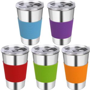 Stainless Steel Cups for Kids, 16oz Reusable Drinking Cups Spill Proof Water Tumbler for Kids and Adults, Dishwasher Safe, 5 Pack (No Straws - Blue/Red/Orange/Green/Purple)