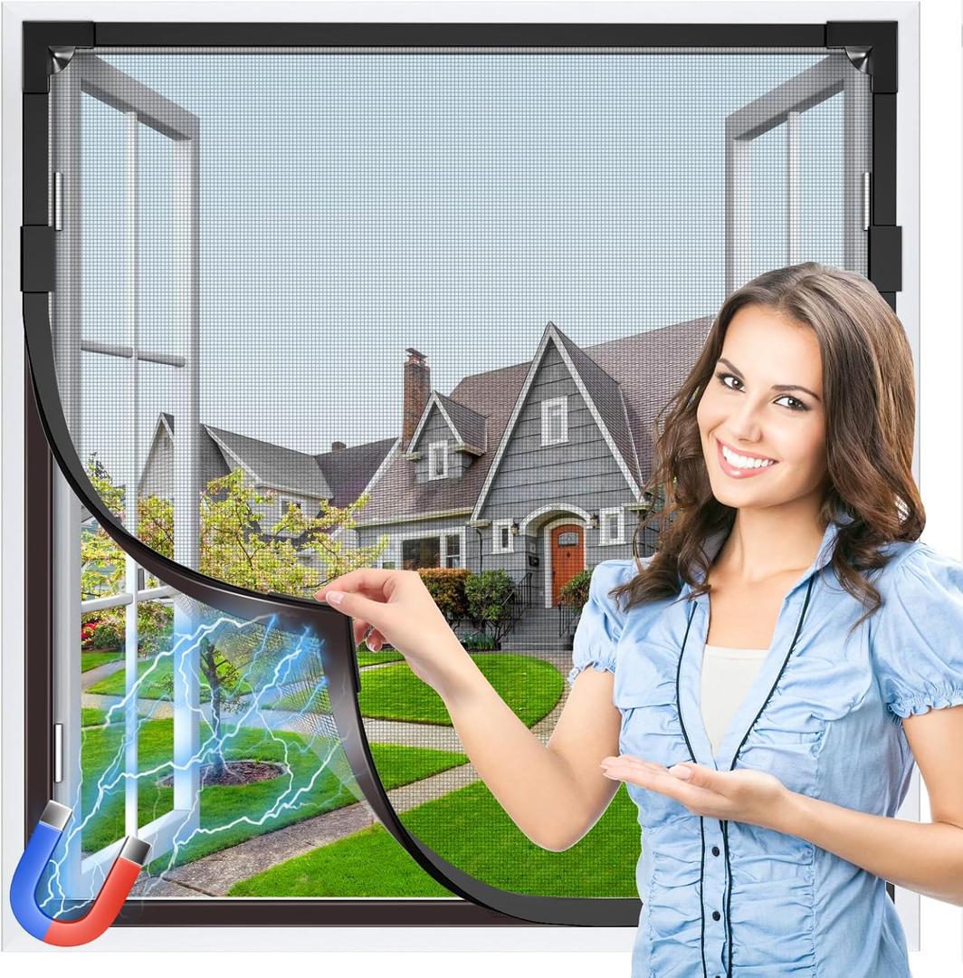 Window Screen Adjustable Magnetic Window Screen Replacement Max 39 x 59, DIY Fiberglass Mesh Window Screens for House Windows Black Frame Grey Mesh