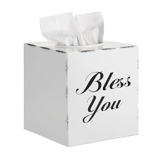 Sumnacon Tissue Box Cover Square, Bless You Tissue Holders, Decorative Tissue Box Holder Open Bottom, Cube Metal Tissue Cover for Bathroom, Bedroom, Living Room, Office, Tabletop, Gift Option, White