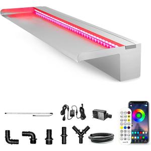 LONGRUN 90cm Pond Waterfall Blade,Stainless Steel Pool Fountain with RGB Bluetooth LED Light, Complete Waterfall & Stream Kits for Outdoor Water Features