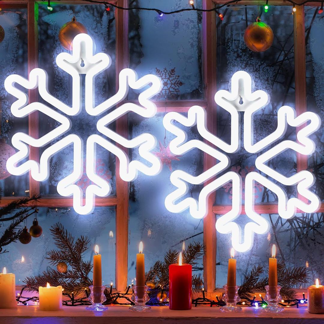 Enhon Christmas Neon Snowflake Light, 12 Inch Giant Snowflake Lights, Battery and USB Powered Christmas Curtain Neon Sign with Timer for Xmas Party Decoration(Cool White,2 Pack)