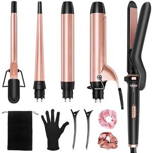 Ufree 5 in 1 Curling Iron with Interchangeable Ceramic Barrels (0.35"-1.25"), Curling Wand Set with Flat Iron Hair Straightener, Instant Heat Up, Dual Voltage Hair Curler, Gifts for Women