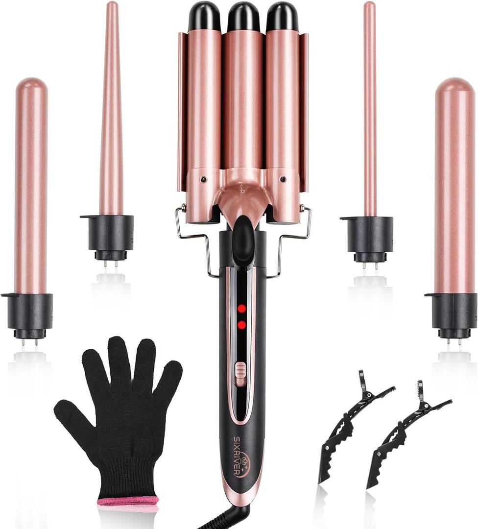 5-in-1 Curling Iron Set, Curling Wand with 3 Barrel Hair Crimper Iron and Interchangeable 4 Curling Irons, Dual Voltage Hair Waver with 2-LED Temp Control for All Hair Types, Glove & 2 Clips