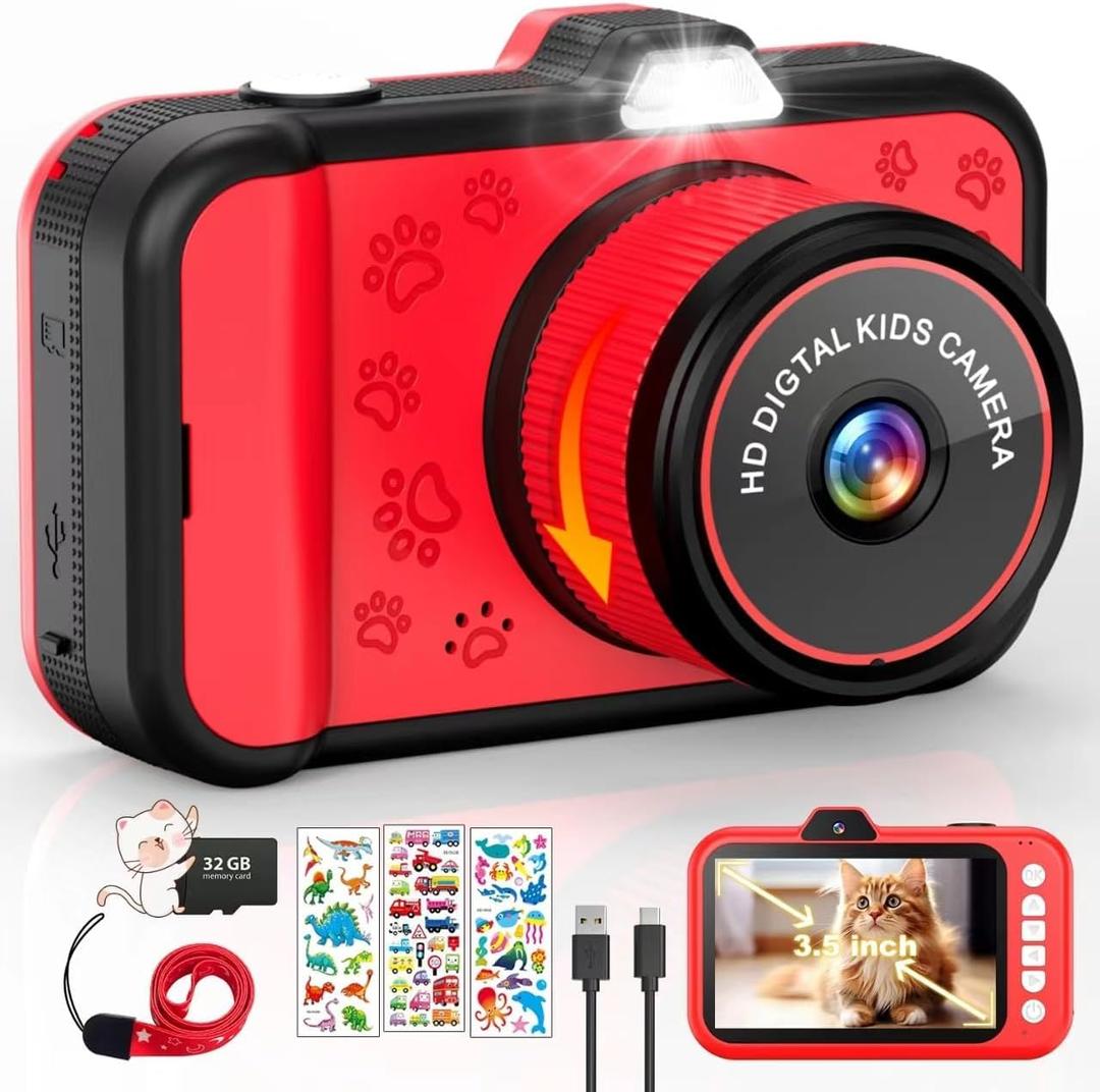 Uffylle Kids Camera, 1080P 48MP Front Selfie Toddler Camera, 3.5 inch Big Screen Toy Camera, 10X Zoom in Chritmas Birthday Gift Cameras for Kids Boys Girl Age 2 3 4 5 6 7 8 9 10 11 12, Red