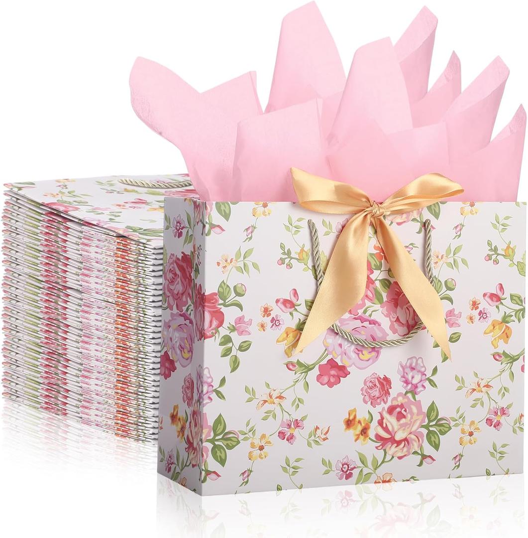 Kolldenn 20 Pack 12.6 Inch Mother's Day Floral Gift Bags with Tissue Paper, Large Pink Rose Vintage Flower Thank You Bags for Mom, Grandma, Teacher Appreciation, Elegant Gift with Bow & Handles
