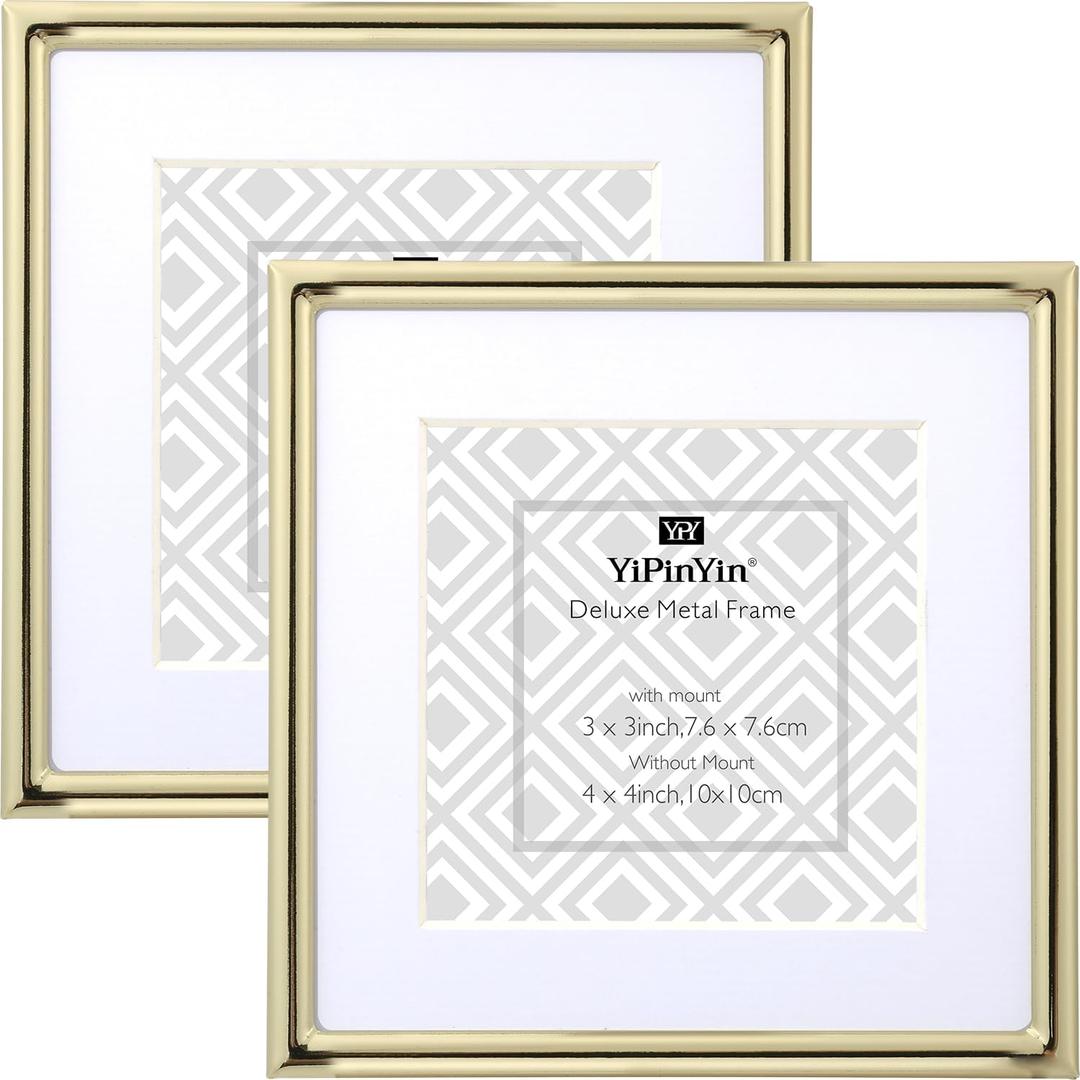 4x4'' Sqaure Gold Metal Picture Frame With Mat for 3x 3'' Set of 2, Narrow Plated Metal Photo Frames 3x3'' With Soft Touch Velvet Backing for Desktop (4x4Inch 2PK, Gold)