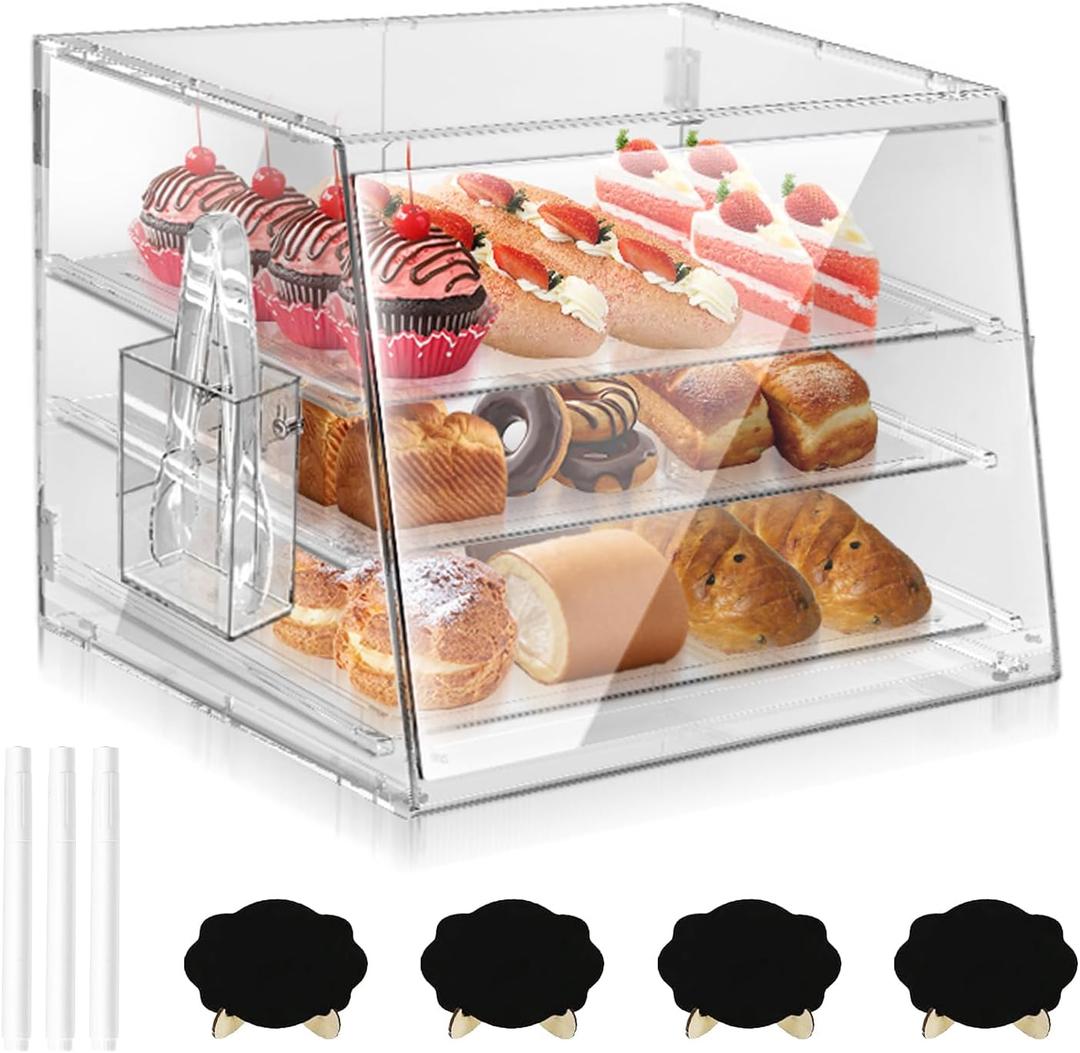 3-Tier Pastry Display With Removable Bakery Case, Bread Tong, Commercial Countertop Cookie Display, Front & Rear Door Access