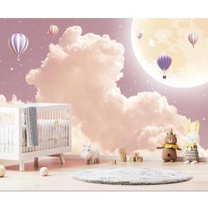 Pink and Purple Clouds Wallpaper Hand-Painted Hot Air Balloons Moon Wall Mural for Children's Room Girls Room (Not Peel and Stick)