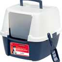 IRIS USA Cat Litter Box, Large Enclosure with Front Door Flap and Scoop, Covered Box with Handle and Buckles for Portability and Privacy, Navy/White