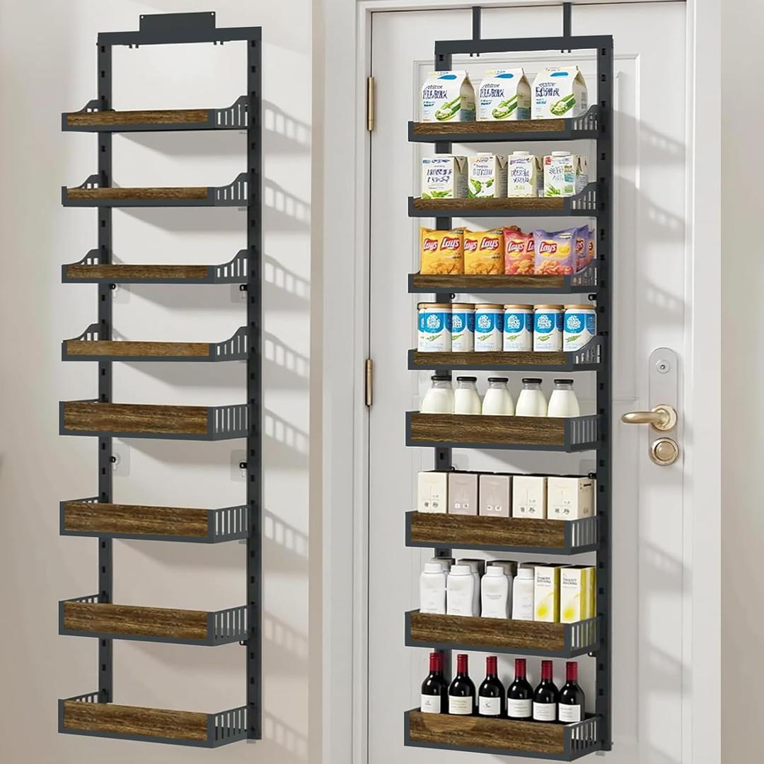 Over the Door Pantry Organizer, 8-Tier Door Spice Rack Organizer Pantry, Behind the Door Storage Organizer with Adjustable Baskets, 2 in 1 Wall Mount or Hanging Back of Door Organizer (Black)