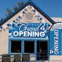 Fanfanwin 7 ft Blue-white Grand Opening Feather Flag for Business Grand Opening Banner Decoration with Pole Kit Tall Advertising Pennant Banner Bunting String Triangle Flags Set for Outside Store Sign