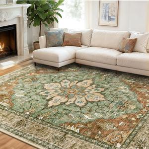 RELEANY Vacuum-Friendly Area Rugs 8'x10' Machine Washable, Non-Slip, Floral Vintage Distress Print Pattern Medallion Carpet for Living Room Bedroom Brick Red Rust Neutral Brown Burnt Orange Green