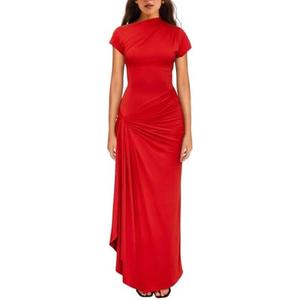 YMDUCH Women's Casual Short Sleeve Boat Neck Ruched High Split Bodycon Long Party Dress, XXL