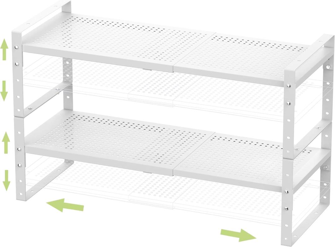 Jojocross Expandable Stackable Aadjustable Shoe Rack Pantry Shelf for Kitchen Cabinets Counter Shelves Countertop Cupboard Storage Solution, Sturdy Heavy-Duty Metal Construction(2Packs/ White/ Large)