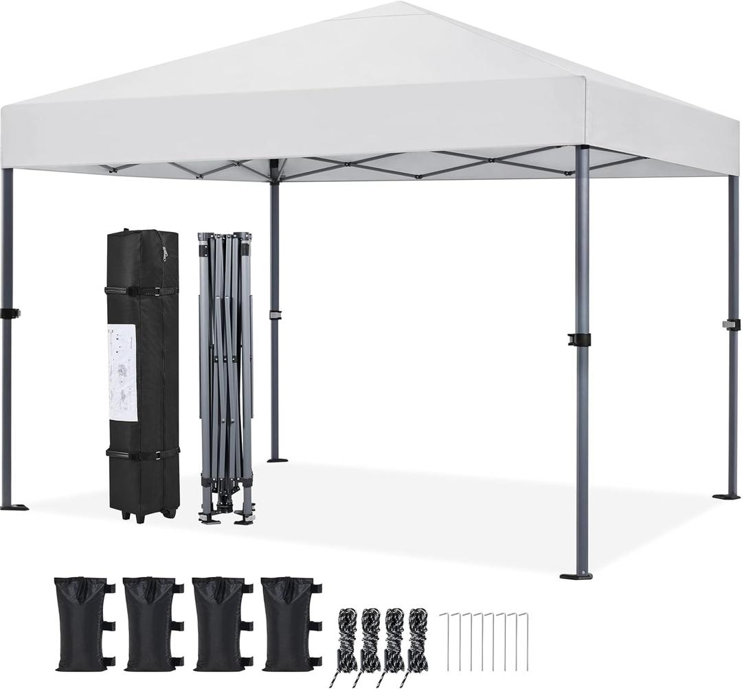 Yaheetech 10x10 1-Person Setup Pop Up Canopy Tent, Instant Portable Commercial Canopy Tent, Outdoor Gazebo with 1-Button Push, Wheeled Bag & 4 Sandbags for Home, Party & Outdoor, Silver-Coated White