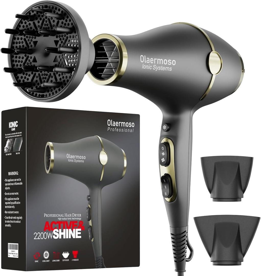Hair Blow Dryer with Ionic Systems,Diffuser Hair Dryer with & 2 Nozzles,2200W Professional Blow Dryer Powerful Motor for Quick Dry,Hair Dryers for Women and Men,Cool Shot Feature