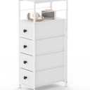 YBING Narrow Dresser for Bedroom, Slim Side Table with Drawer, Dresser Storage Cabinet with 4 Fabric Drawers, Chest of Drawers for Small Space, White