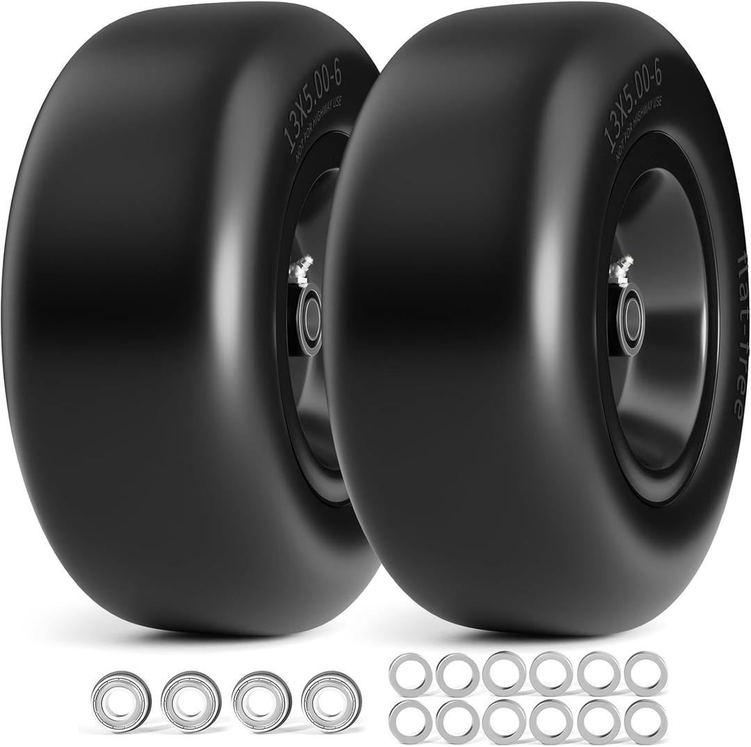 13x5.00-6 Flat Free Lawn Mower Tire and Wheel, 13x5x6 Solid Front Tires for Zero Turn Mower, 500Lbs Load, 3/4", 5/8" and 1/2" Bearings, 4.33"-6.73" Hub Spacers, 2Pack Black, TRK-TIR-1356FFBK
