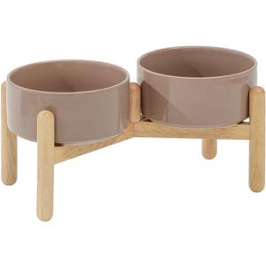 Ceramic Raised Dog Bowl with Stand for Small and Medium Breed Dog Dish Pet Food and Water Bowl (Double Bowl with Stand - Brown Coffee, 6" D)