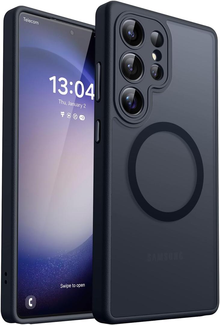 CANSHN Designed for Samsung Galaxy S23 Ultra Case [Full Camera Protection] [Compatible with MagSafe] Translucent Matte Shockproof Protective Phone Cover 6.8 Inch - Black