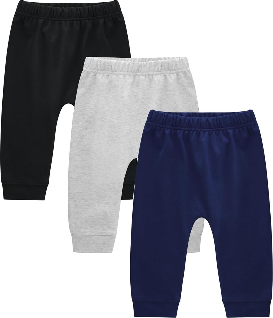 Baby Boys Cotton Pants, 3-Pack Sweatpants for 0-18 Months (Black/Heather Grey/Navy)
