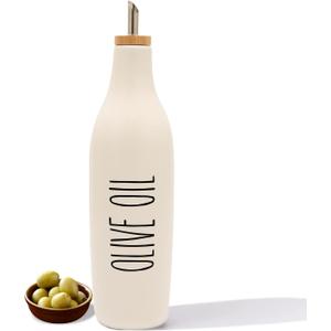 HOMCDALY Ceramic Olive Oil Dispenser for Kitchen, Stoneware 16oz Oil Cruet and Vinegar Bottles Dispenser, Kitchen Dispenser Bottle for EVOO Vinegar Syrups, Modern Farmhouse Design(W-O)