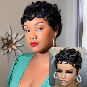 showreal Pixie Cut Wigs Human Hair for Black Women Short Pixie Cut Wigs 100% Real Human Hair Lightweight Glueless Natural Black Layered Pixie Wig(025-1B)