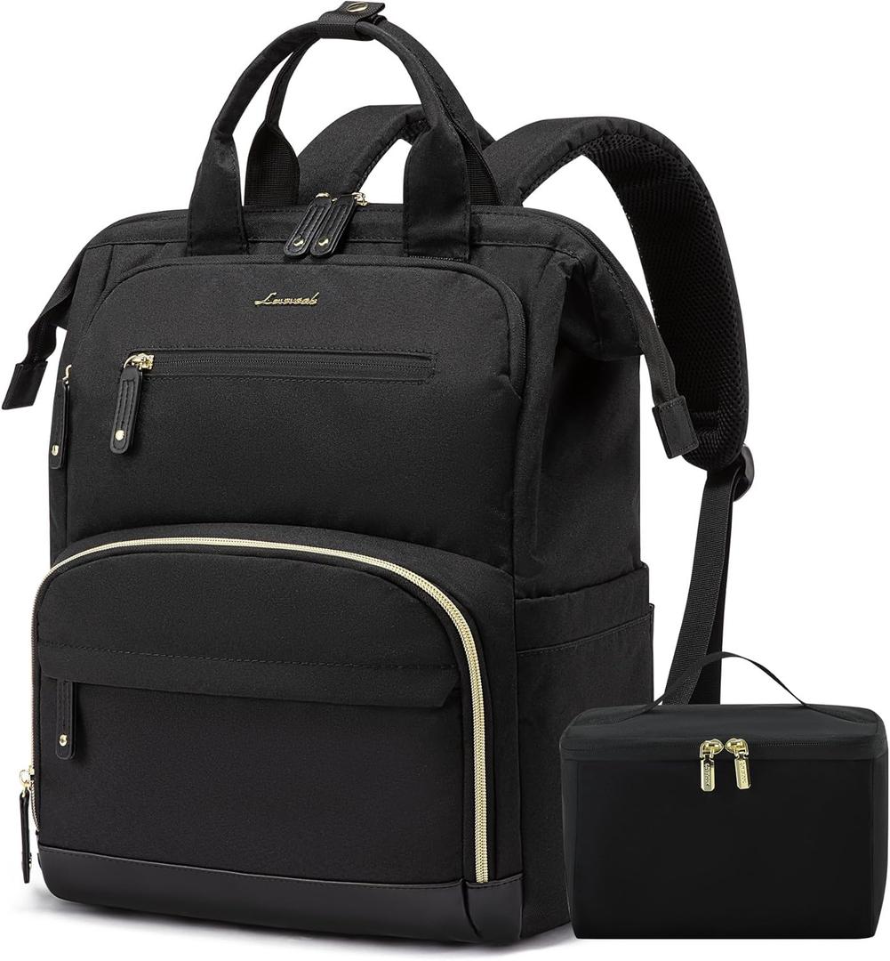 LOVEVOOK Lunch Backpack for Women, 15.6 Inch Laptop Bag with Insulated Cooler Lunch Box, Work Backpack for Teacher Nurse, Travel Backpack Lunch Bag for Camping Picnic Daily Use (Black)