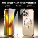 [Tri-Shield Protection] for iPhone 13 Pro Max Case with 360 Spin Stand Compatible with MagSafe [Magnetic CD Ring] [Screen & Camera Lens Protector] Shockproof Plating Never-Yellowing, Gold-6.7"