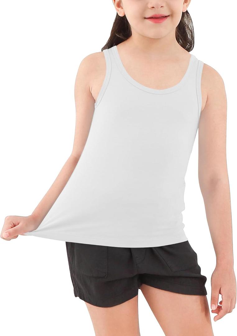 Dreammonkey Girls Tank Top - Soft Cotton Round Neck Sleeveless Stretch Undershirt for Kids 12 Years (White)