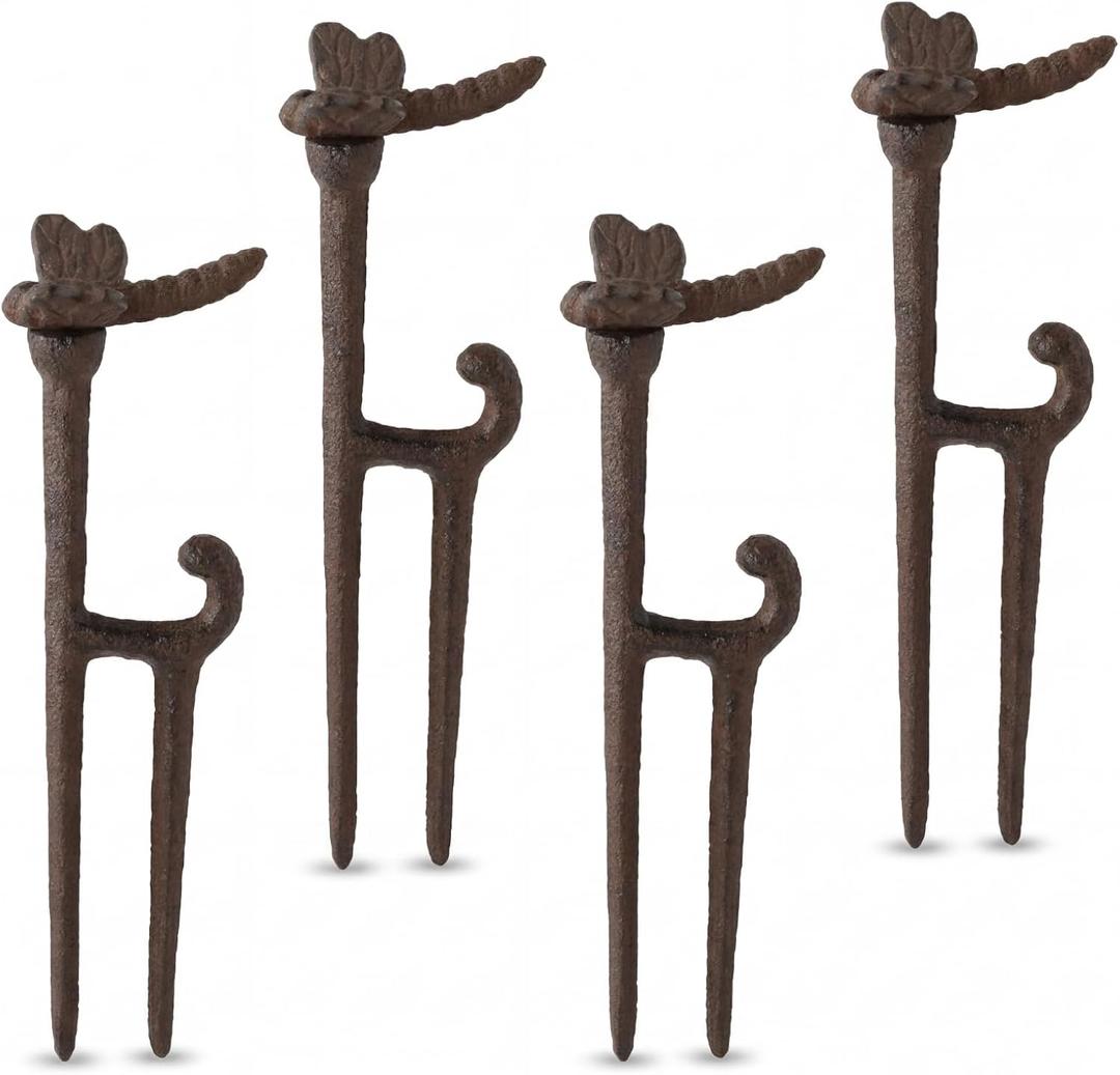 Shimeyao 4 Pack Garden Hose Guide Stakes Bulk 9.5'' Rusty Dragonfly Garden Hose Guide Spike Decorative Cast Iron Stakes Holder Heavy Duty Metal Outdoor Nails Tool for Lawn Yard Patio Plant Protection