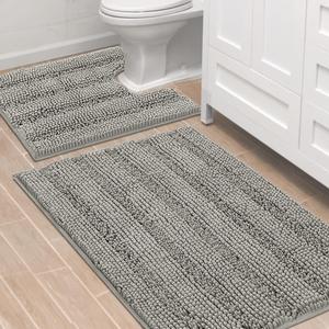 H.VERSAILTEX Bathroom Rugs Bath Rug Set 2 Piece Bathroom Contour Rug Toilet Mat Sets Non Slip Contour Bath Rug Ultra Thick Water Absorbent Striped Bath Mats Washable(36" x 24" Plus 20" x 24" U, Dove)