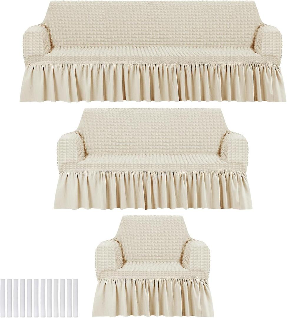 Fanfanwin 3 Pcs Sofa Slipcover Set for Couch Cushion Durable Washable High Elastic Stretchable Furniture Couch Covers with Skirt for Sofa Loveseat Arm Chair(Beige,Seersucker)