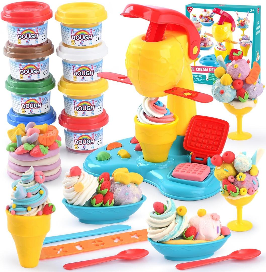 Color Dough Sets for Kids Ages 4-8, Play Kitchen Ice Cream Maker Color Dough Set for Kids Ages 3+, Arts Crafts play Food Toys for Girls Boys,8 Cans of Modeling Compound,2 oz Cans,Multicolor